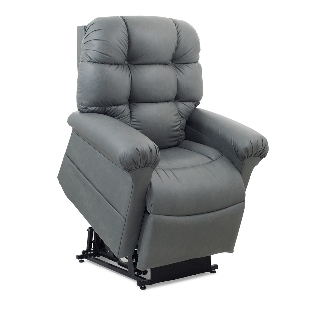 The Golden Tech PR515 Cloud Recliner With Lift Assist, ZG+ & Twilight is a gray, padded lift chair with a tufted backrest and wide armrests, offering ergonomic support and helping users stand up with ease.